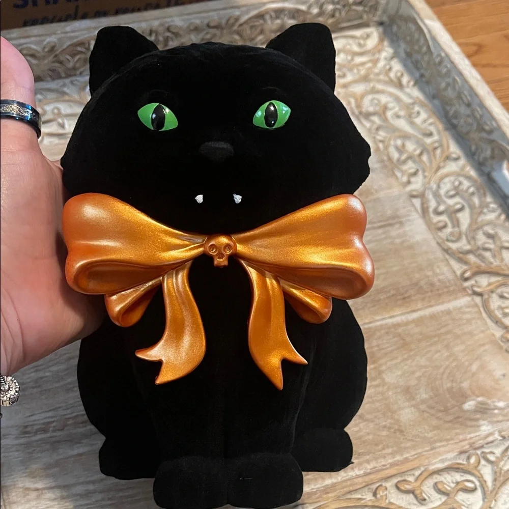 Black Cat Plush with Orange Bow 3 Wick Candle Holder